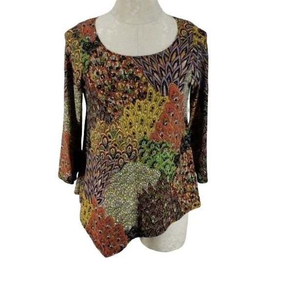 Star Vixen Asymmetrical Peacock small quarter‎ sleeve boho animal print Blouse - Picture 1 of 8